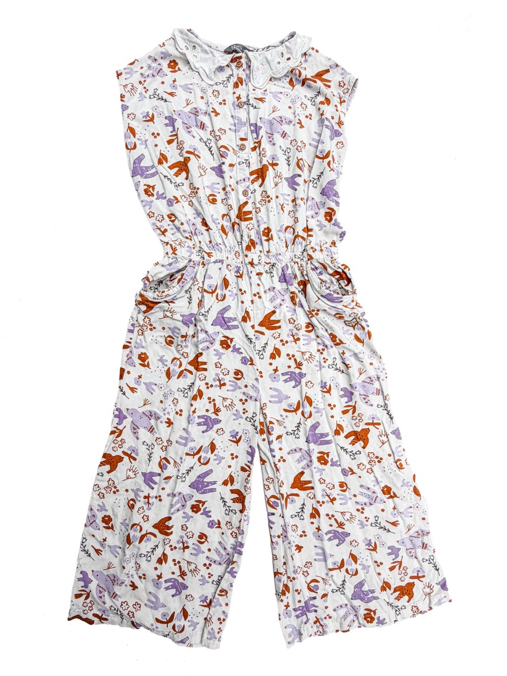 Souris Mini Girls 8 Bird Print Wide Leg Jumpsuit Lace Collar EUC Romper Outfit